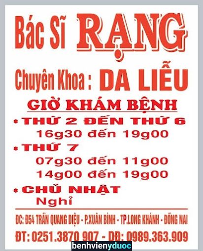 Bác sĩ Rạng chuyên khoa Da liễu (chính chủ) 0989.363.909 Long Khánh Đồng Nai